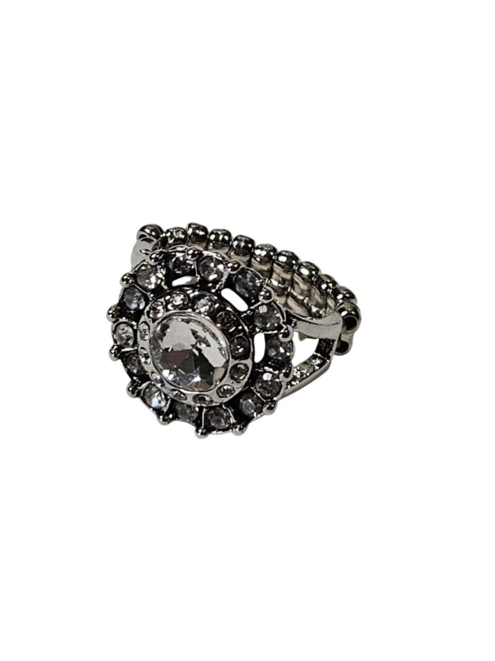 Silvertone Stretchy Ring Clear Rhinestone Halo